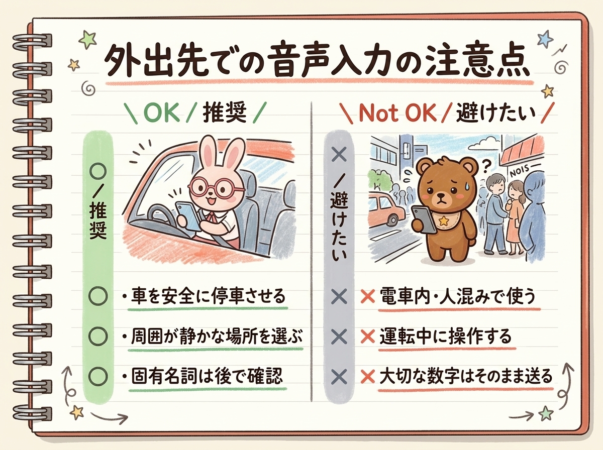 外出先での音声入力の注意点