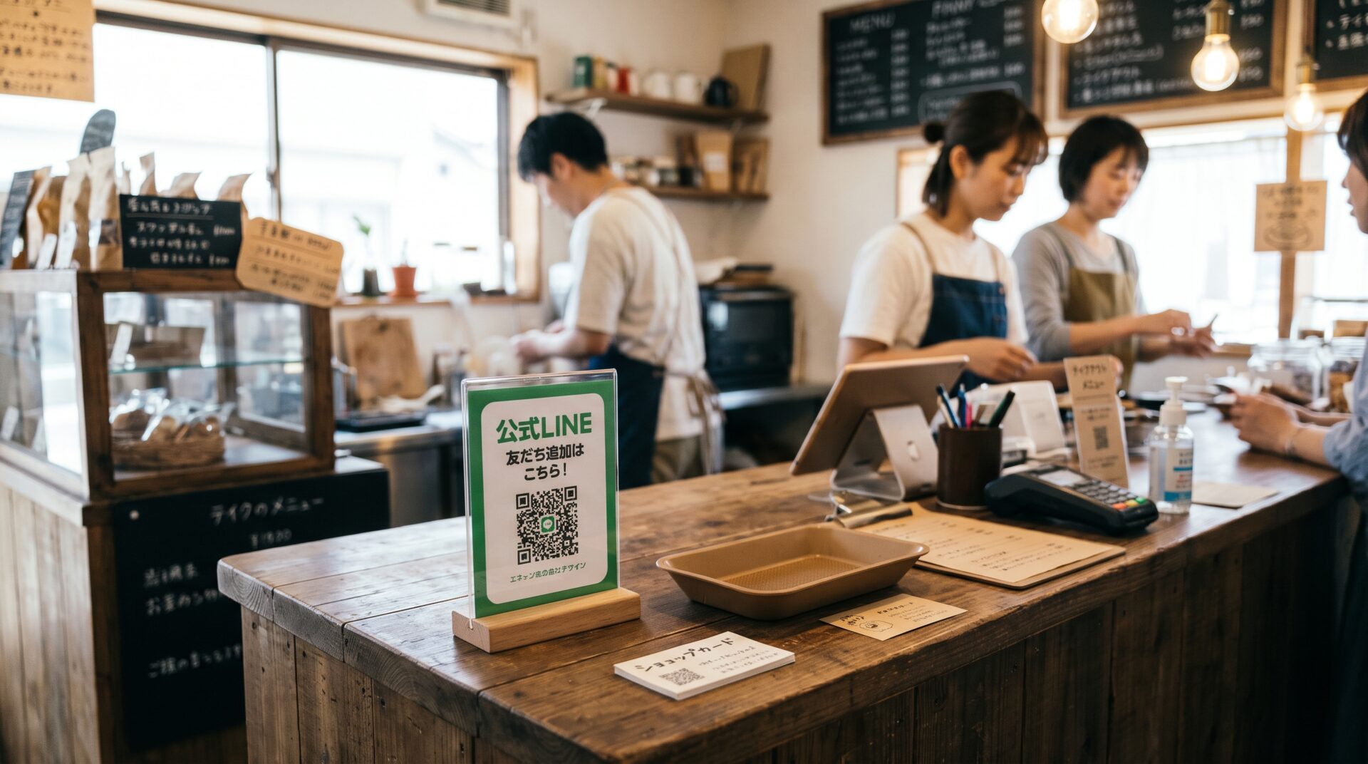 レジカウンターにqrコードつきの卓上スタンドがある写真